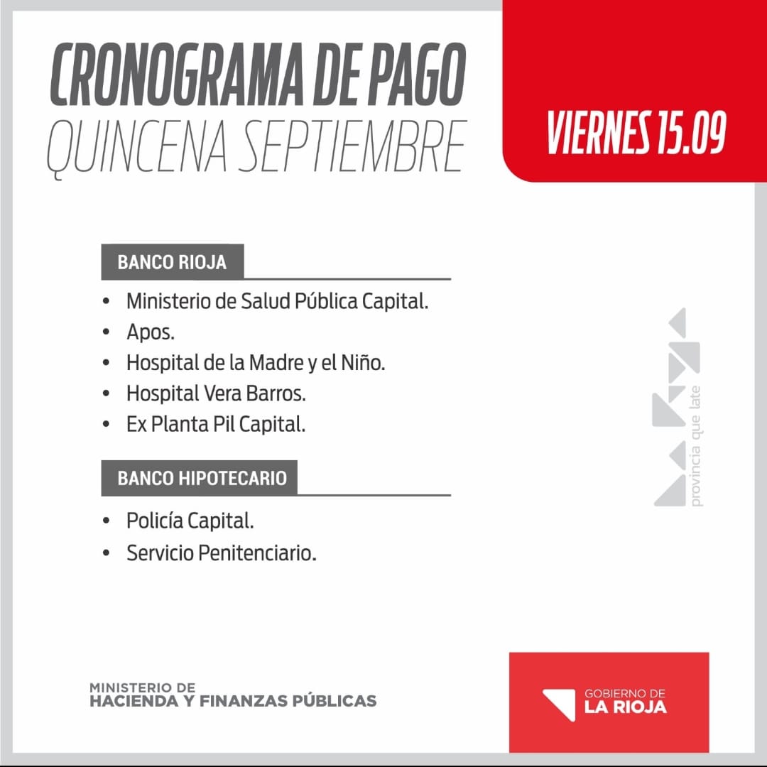 CRONOGRAMA DE PAGO: QUINCENA SEPTIEMBRE - El Informador de La Rioja
