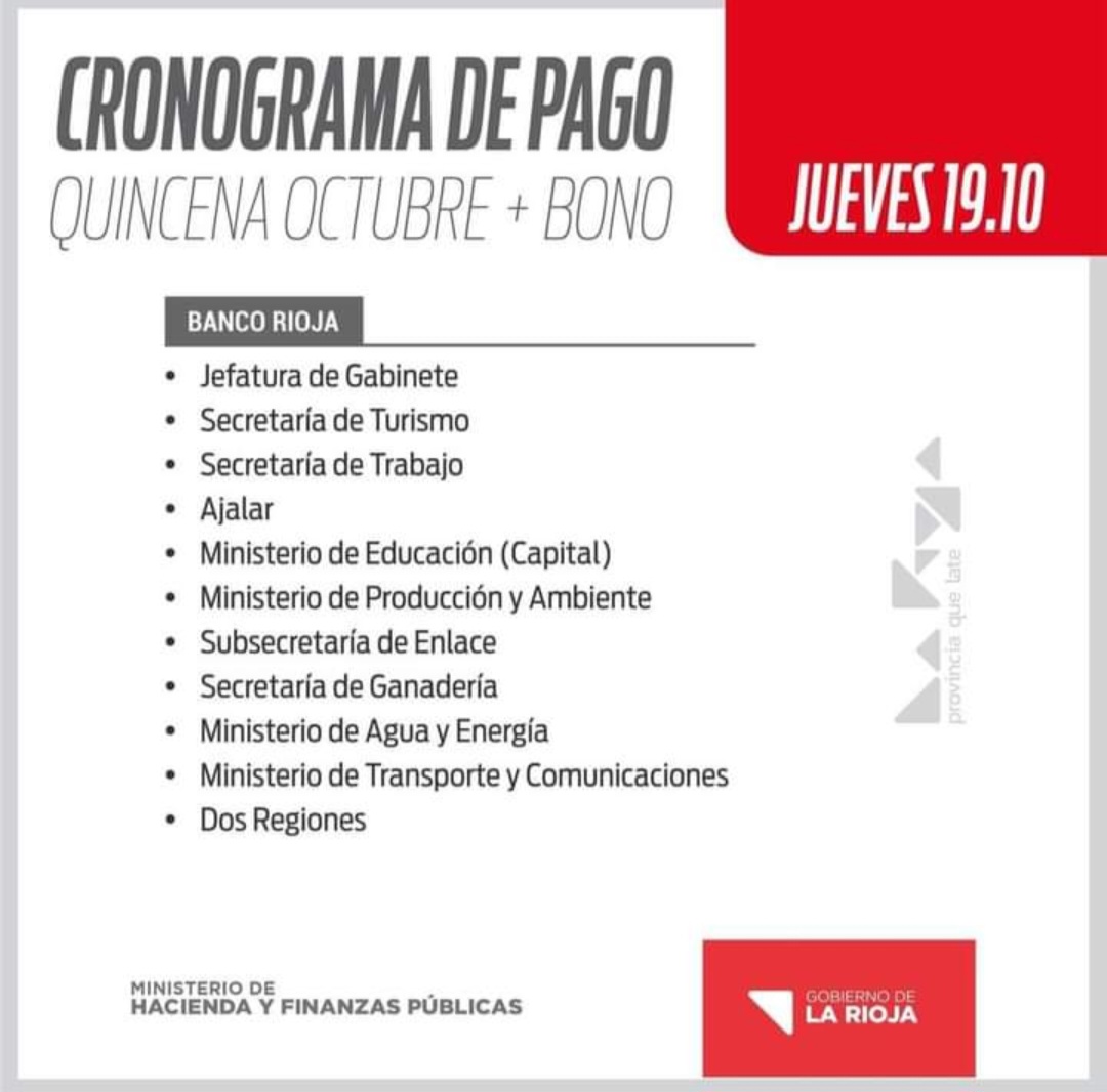 CRONOGRAMA DE PAGO: QUINCENA OCTUBRE MÁS BONO - El Informador de La Rioja