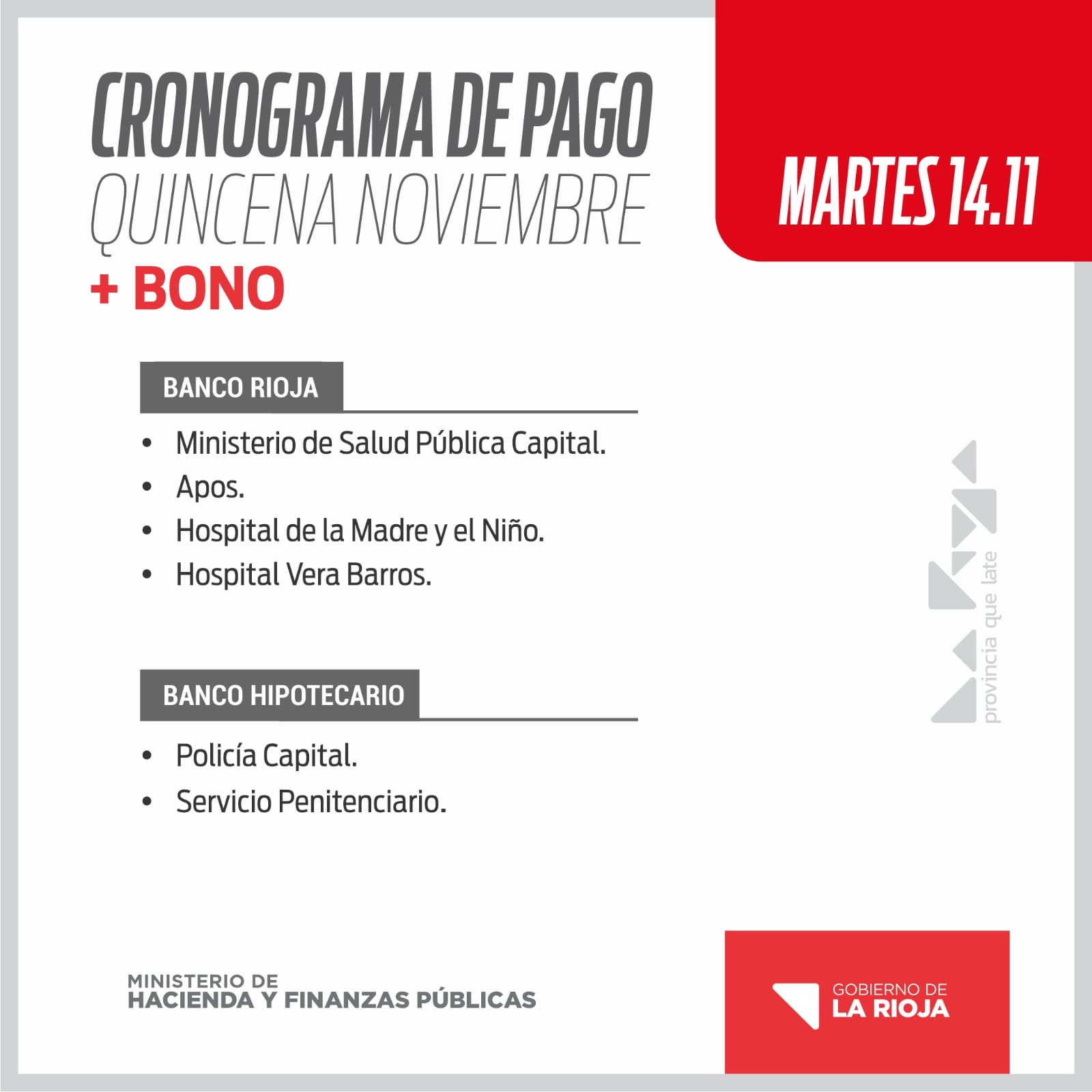 CRONOGRAMA DE PAGO: QUINCENA NOVIEMBRE MÁS BONO - El Informador de La Rioja