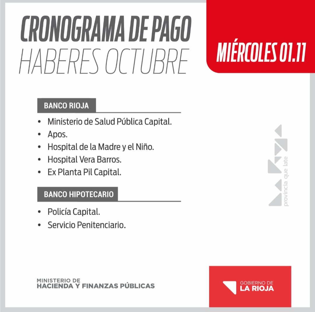 CRONOGRAMA DE PAGO: HABERES OCTUBRE - El Informador de La Rioja