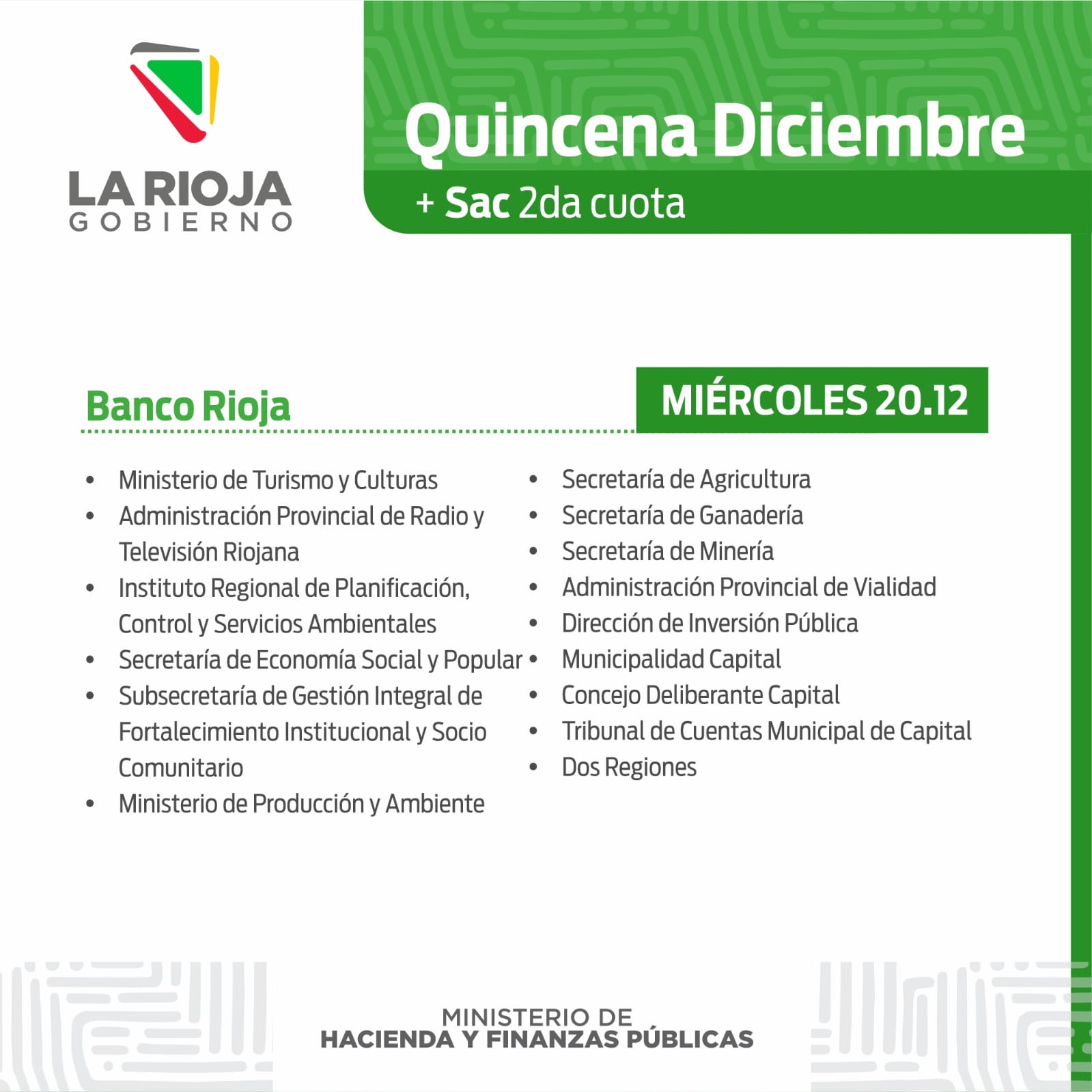 CRONOGRAMA DE PAGO: QUINCENA MÁS SAC 2° CUOTA - El Informador de La Rioja