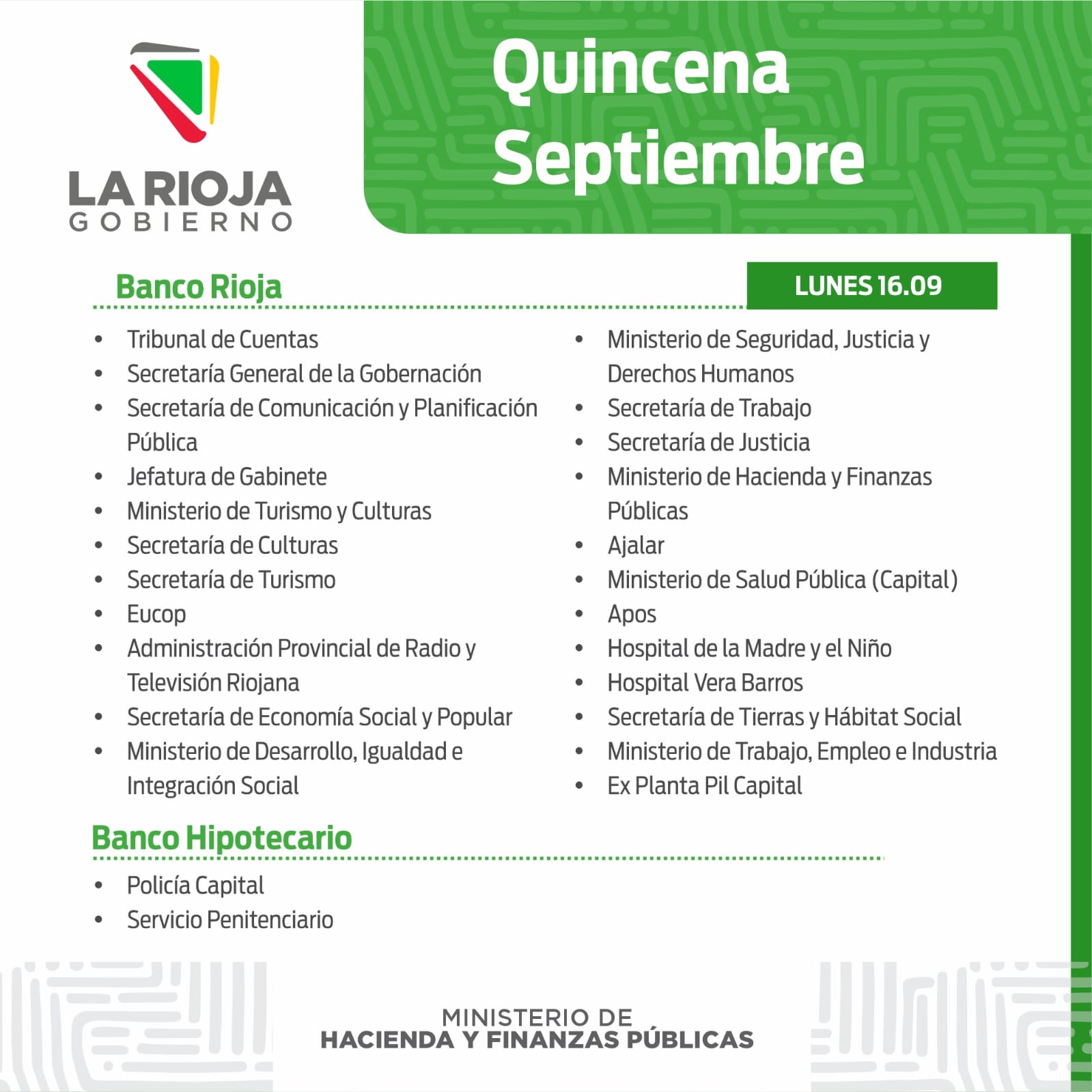 CRNOGRAMA DE PAGO: QUINCENA SEPTIEMBRE - El Informador de La Rioja