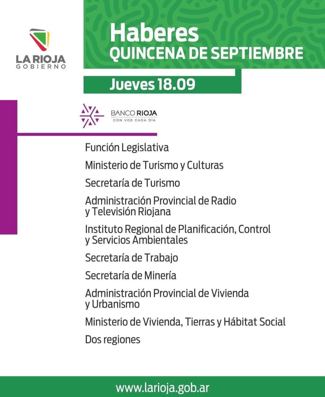 Cronograma de pago: Quincena septiembre - El Informador de La Rioja