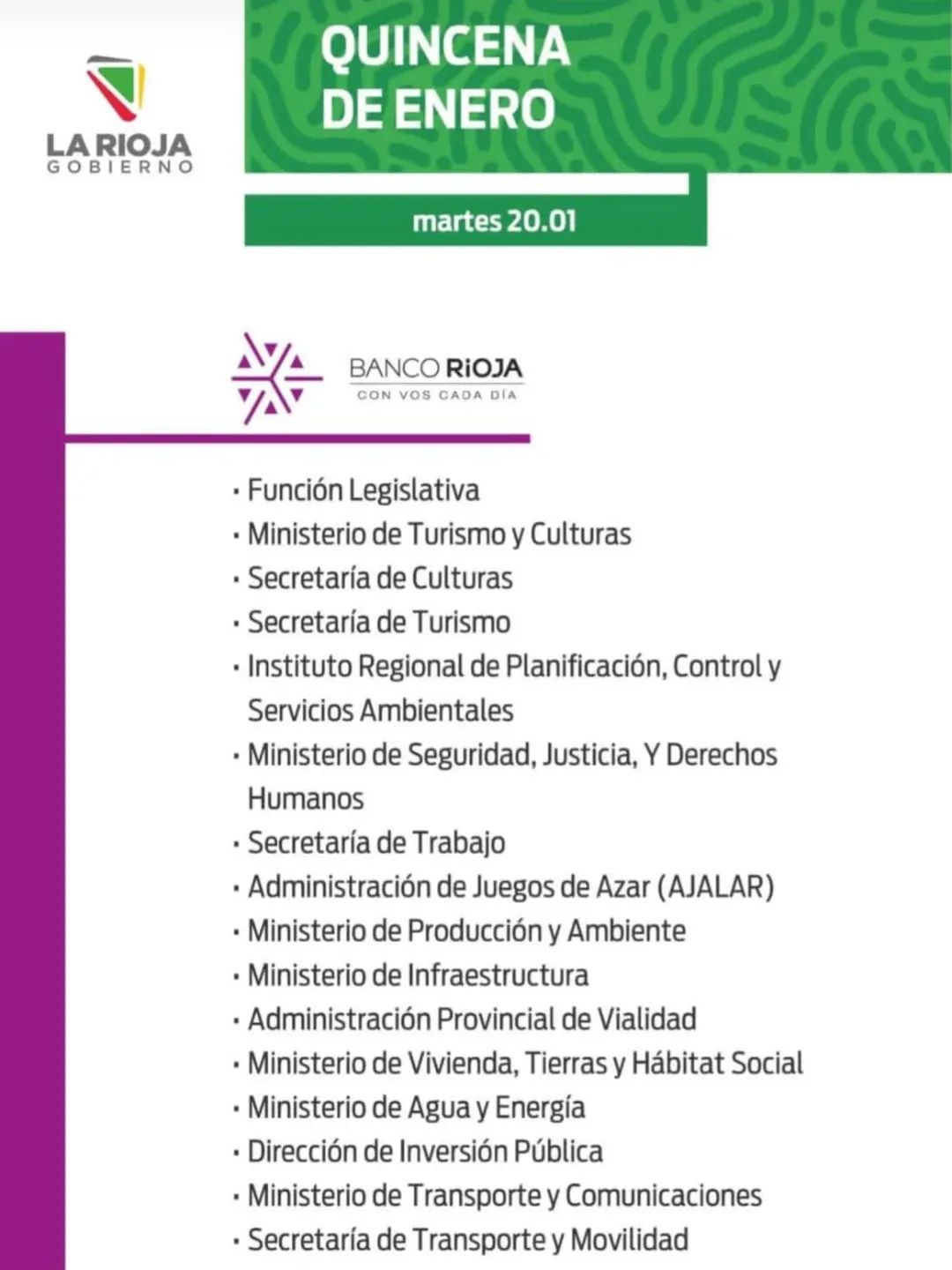 Cronograma de pago: Quincena enero - El Informador de La Rioja